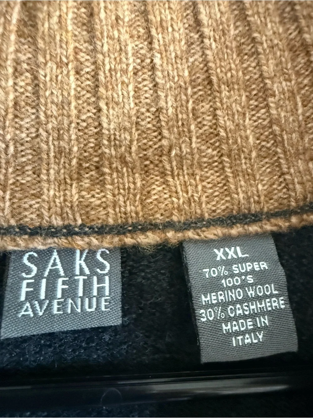 Saks Fifth Avenue Cashmere Wool 1/4 Zip Sweater Charcoal Tan Stitching Men's XXL